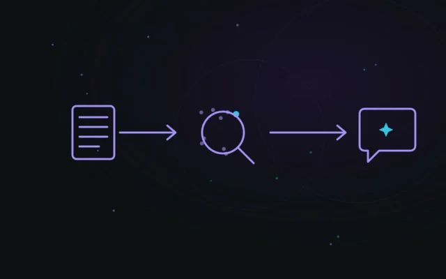 Illustration abstraite représentant la recherche augmentée par récupération (RAG) : un document connecté à un nœud d'IA